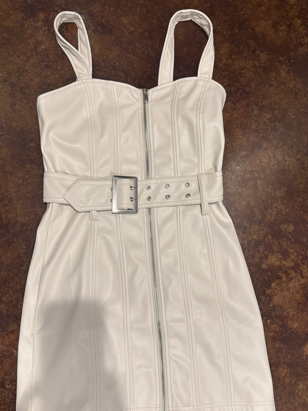 Faux Leather Belted Mini Dress in Cream
